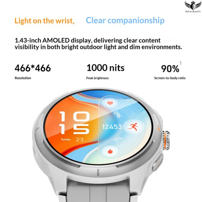 Smartwatch with AMOLED display specifications on a white background