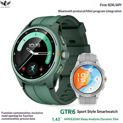 Two smartwatches, one green and one gray, with digital displays on a white background.