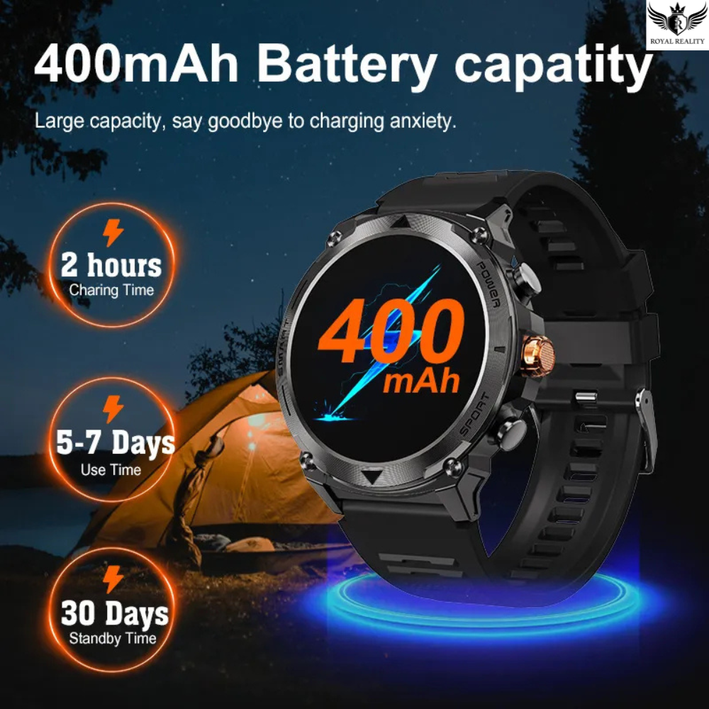 Smartwatch with 400mAh battery capacity display, charging time, use time, and standby time indicators against a camping background.