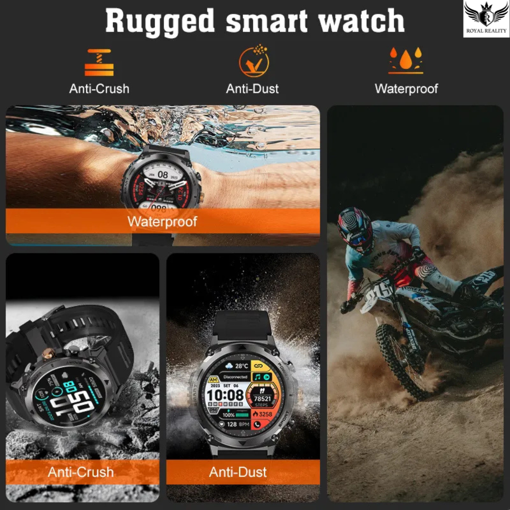 Rugged smart watch with features like anti-crush, anti-dust, and waterproof shown in various scenarios.