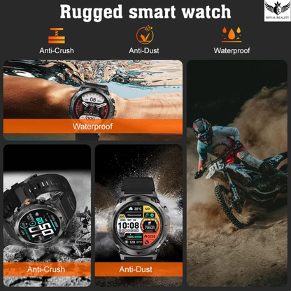 Rugged smart watch with features like anti-crush, anti-dust, and waterproof shown in various scenarios.