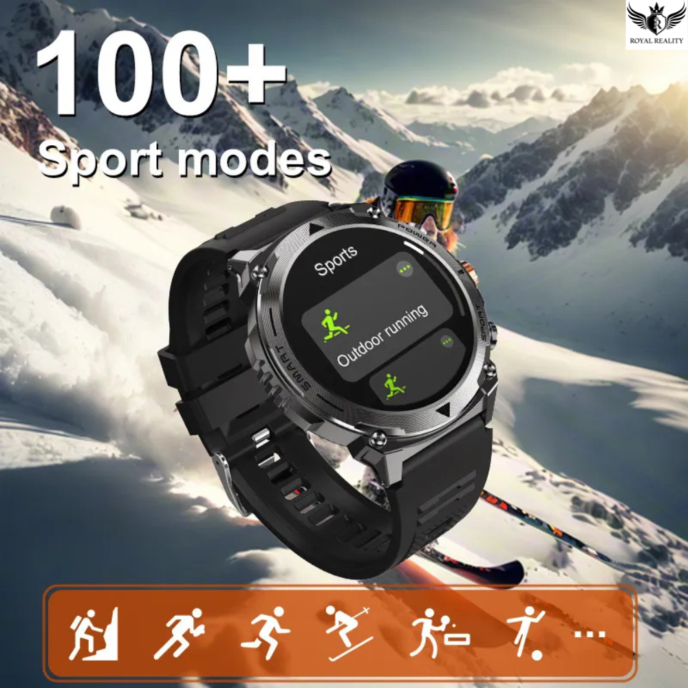 Smartwatch with sports mode display on a snowy mountain background