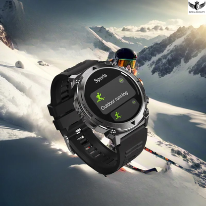 Smartwatch on a snowy mountain with skiers in the background