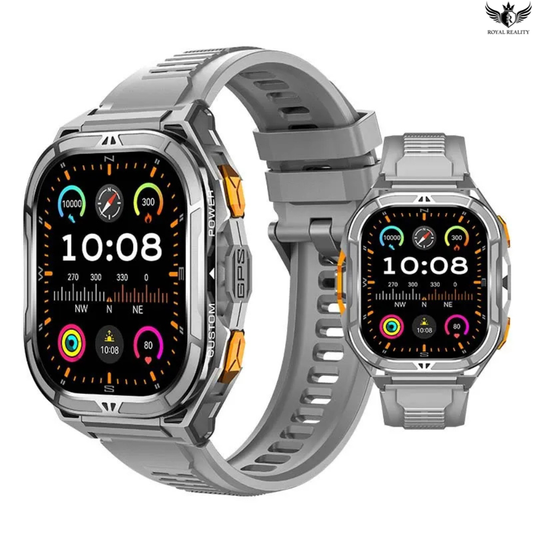 Two smartwatches with gray bands on a white background, featuring colorful display screens.