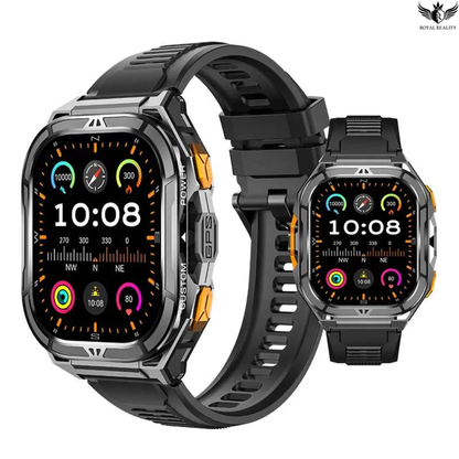 Two smartwatches with black straps on a white background, displaying colorful screens.
