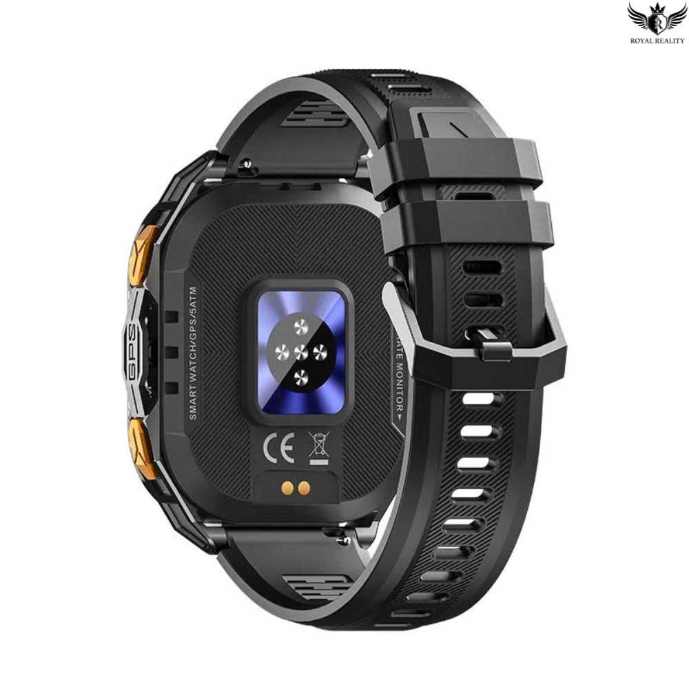 Black smartwatch with a detailed back panel on a white background