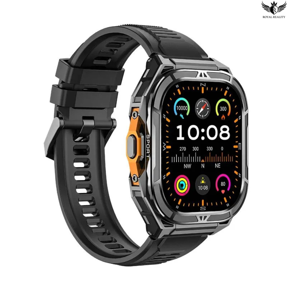 Smartwatch with a black strap on a white background