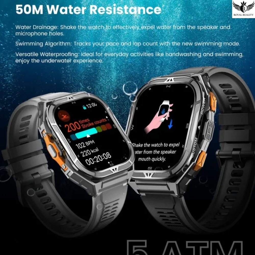 Two smartwatches with water resistance feature displayed on a blue underwater-themed background.