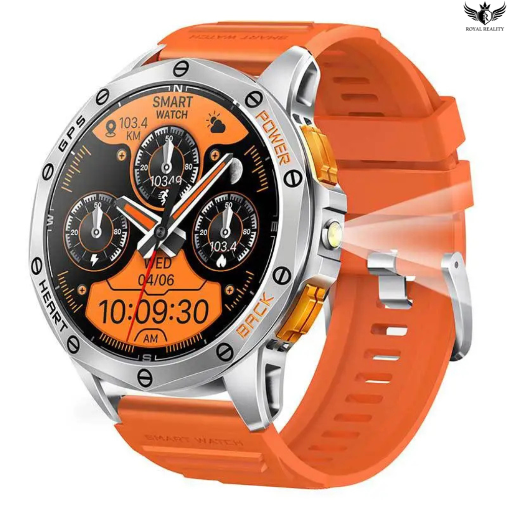 Smartwatch with an orange strap on a white background