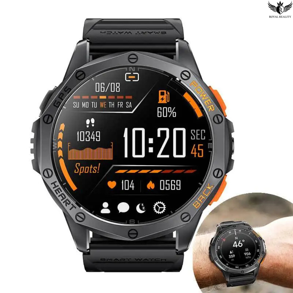 Black smartwatch with digital display on a white background