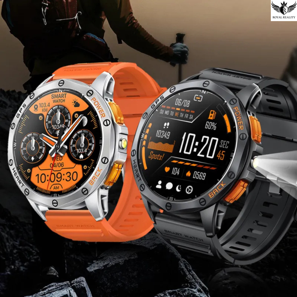 Two smartwatches with orange and gray bands on a dark background