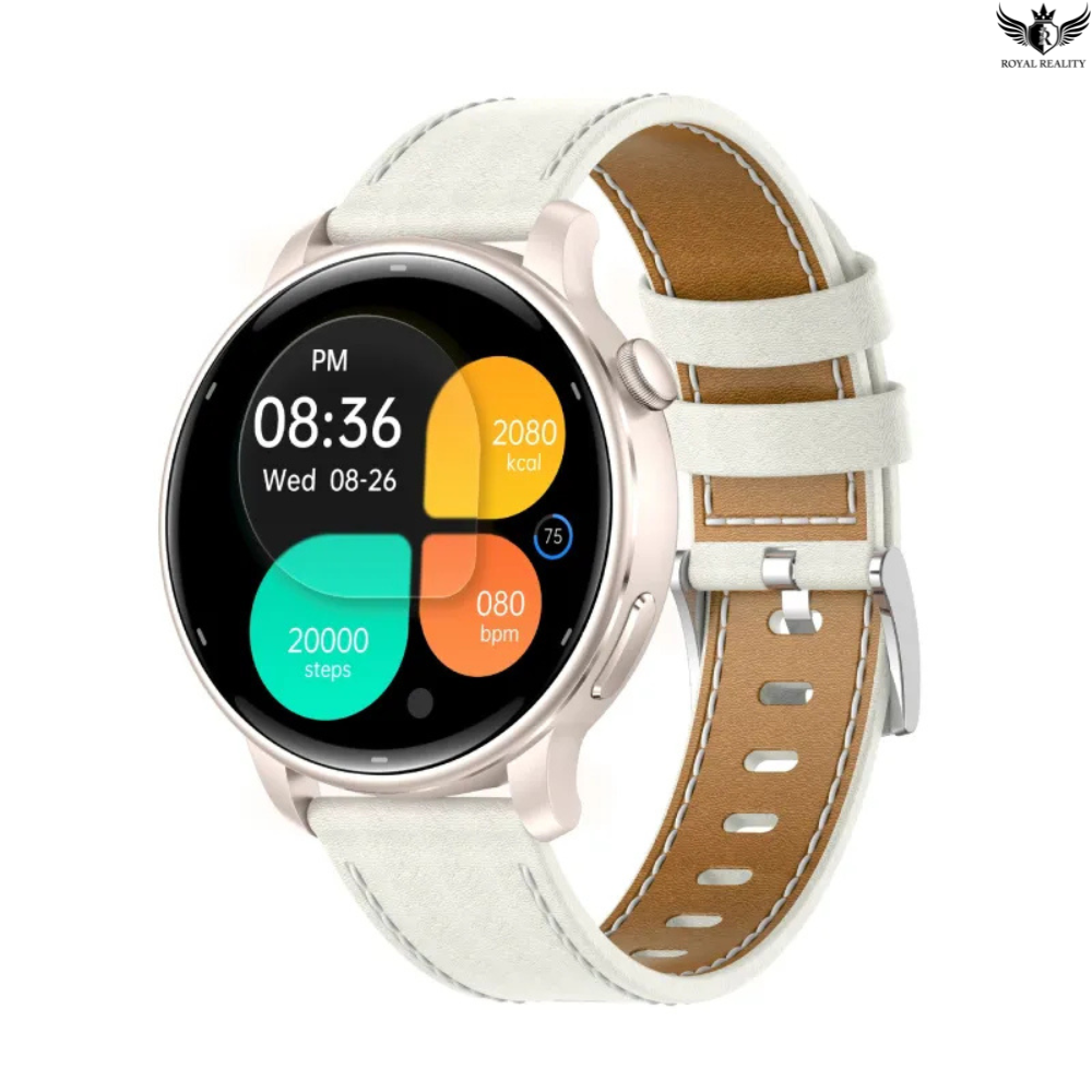 Smartwatch with a white strap and brown accents on a white background