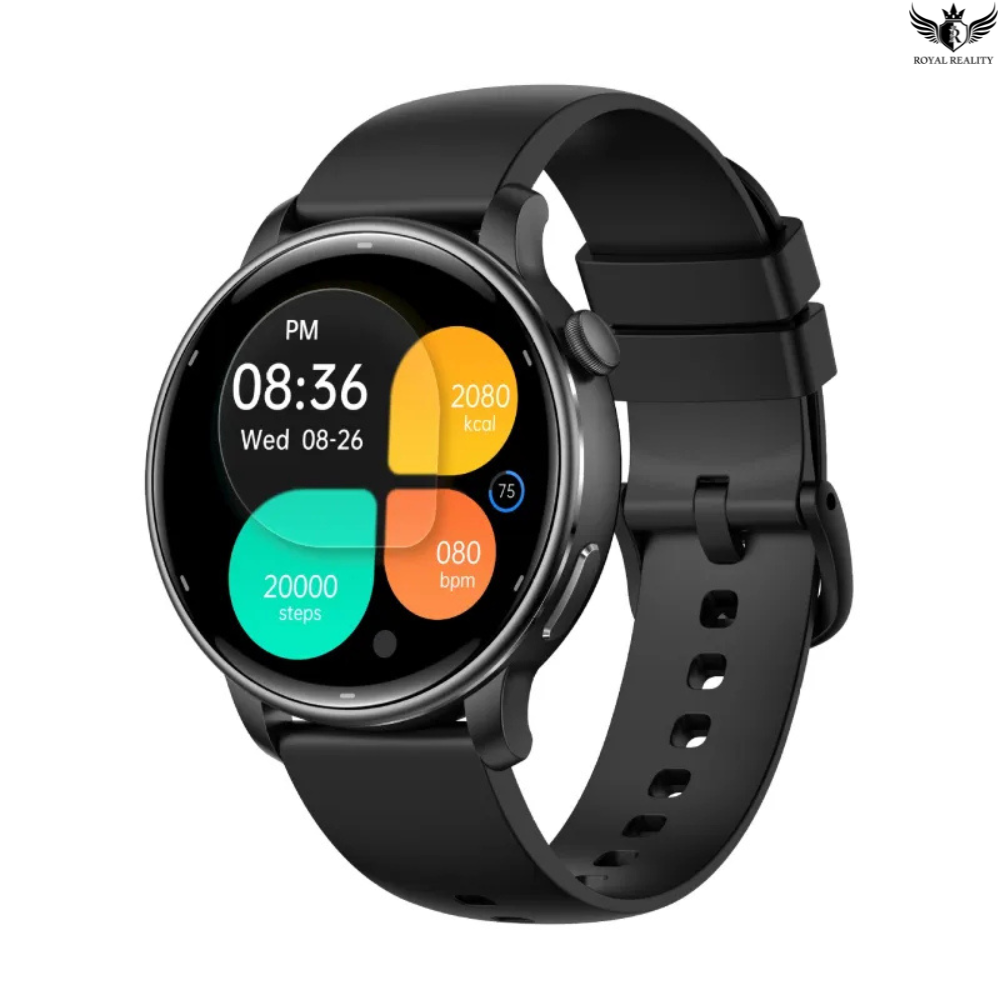 Black smartwatch with a colorful display on a white background