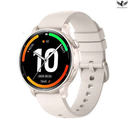 White smartwatch with a colorful display on a white background