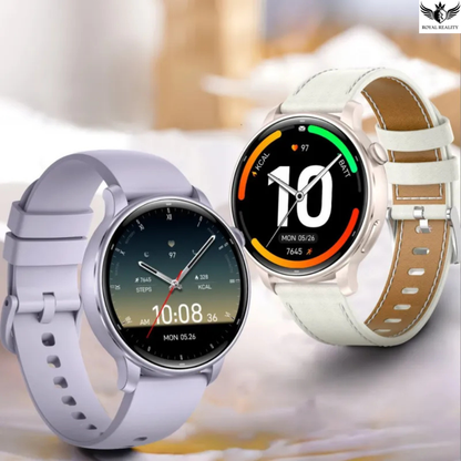 Two smartwatches with different band colors on a blurred background