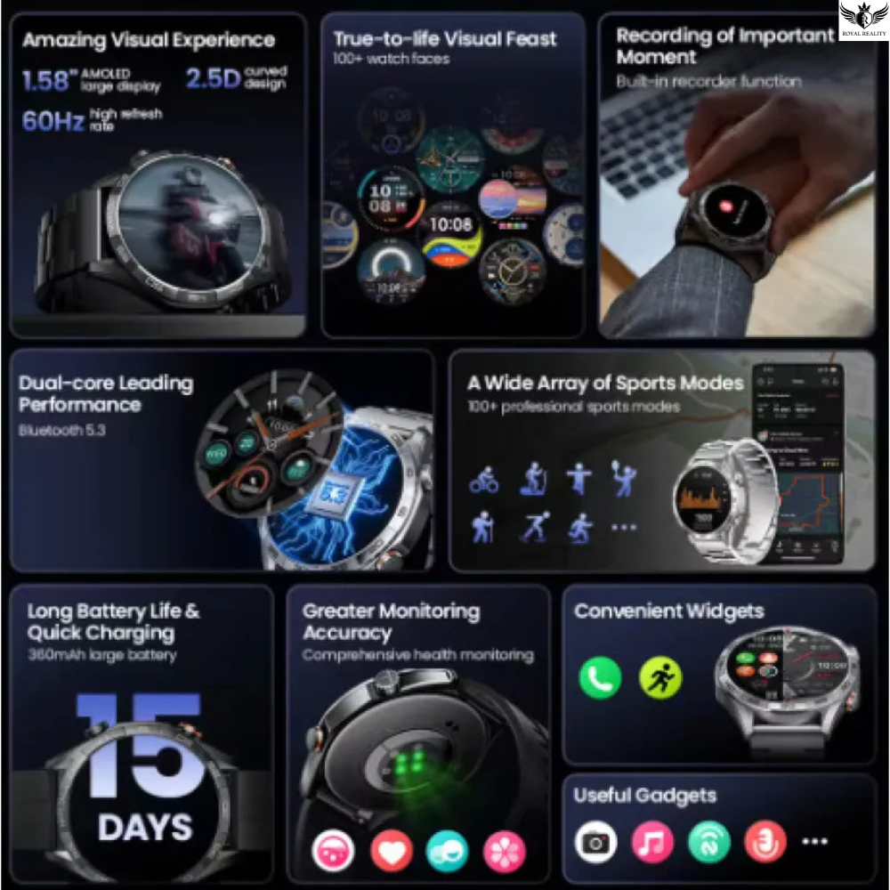 Smartwatch features and specifications displayed in a collage format.