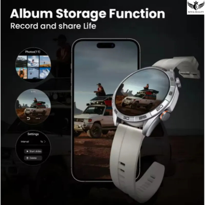 Smartwatch displaying album storage function on a phone screen with 'Album Storage Function' text above.