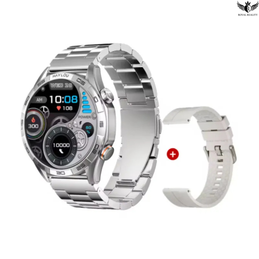 Silver smartwatch with metal band and additional strap on a white background
