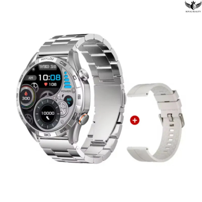Silver smartwatch with metal band and additional strap on a white background