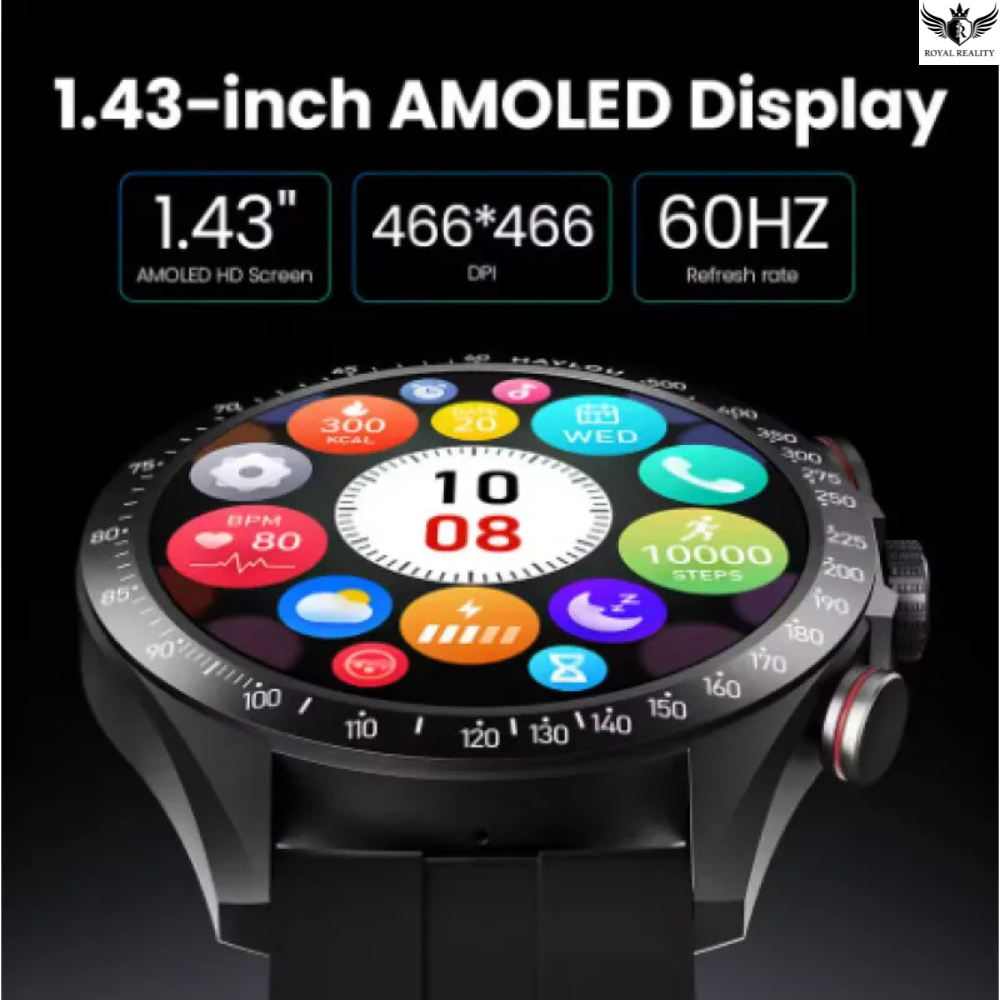 Smartwatch with 1.43-inch AMOLED display specifications on a black background