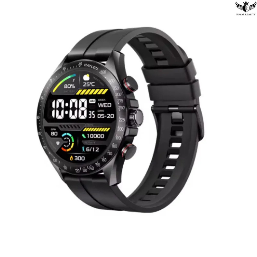 Black smartwatch with a detailed display on a white background