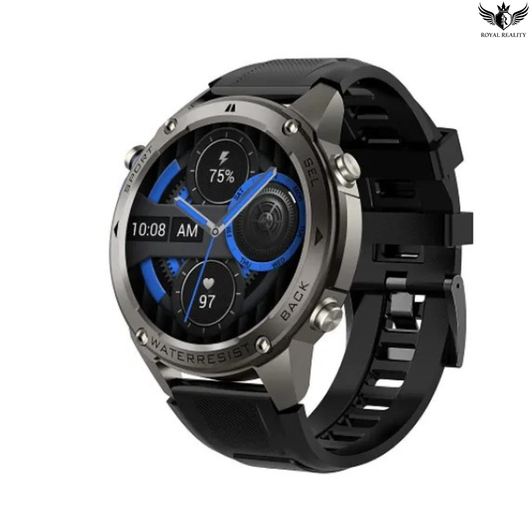 Smartwatch with black strap and blue display on a white background