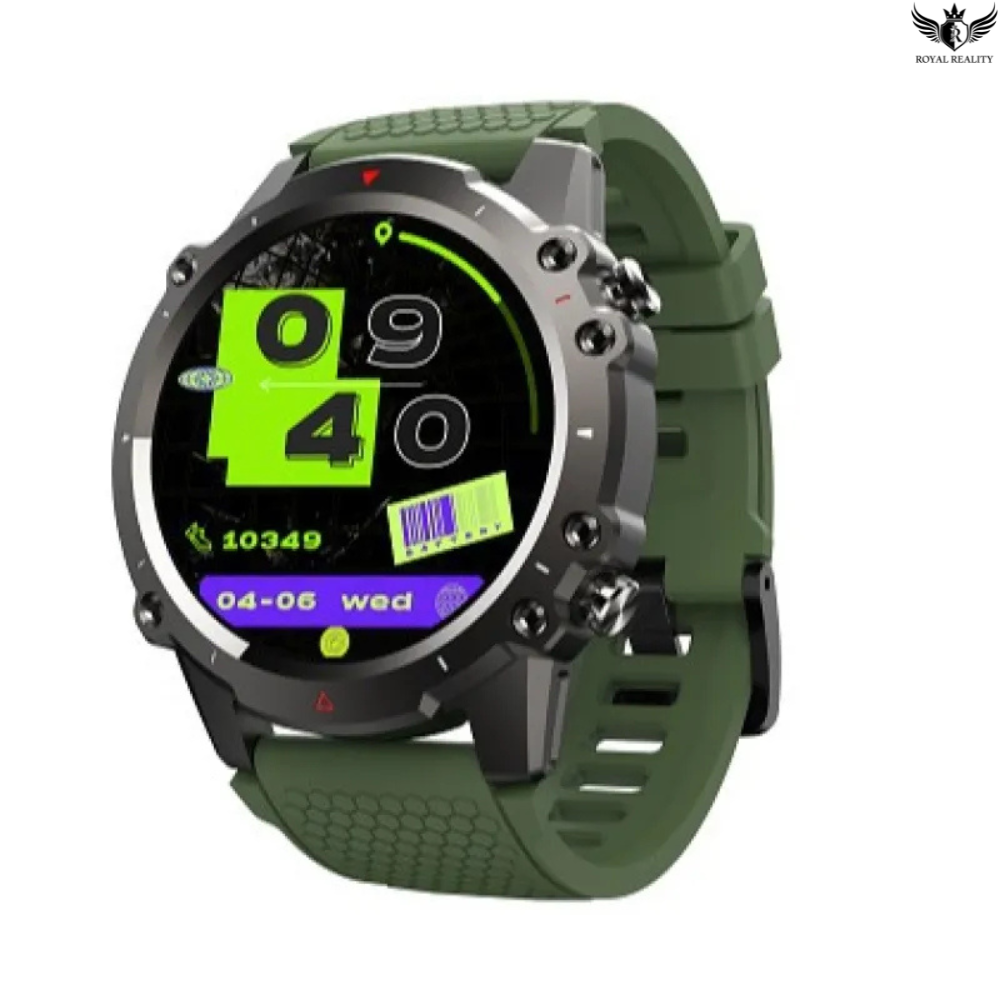 Green smartwatch with digital display on a white background