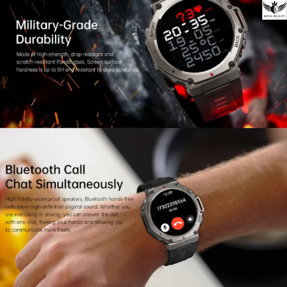 Digital watch with military-grade durability and Bluetooth call features on a dynamic background.