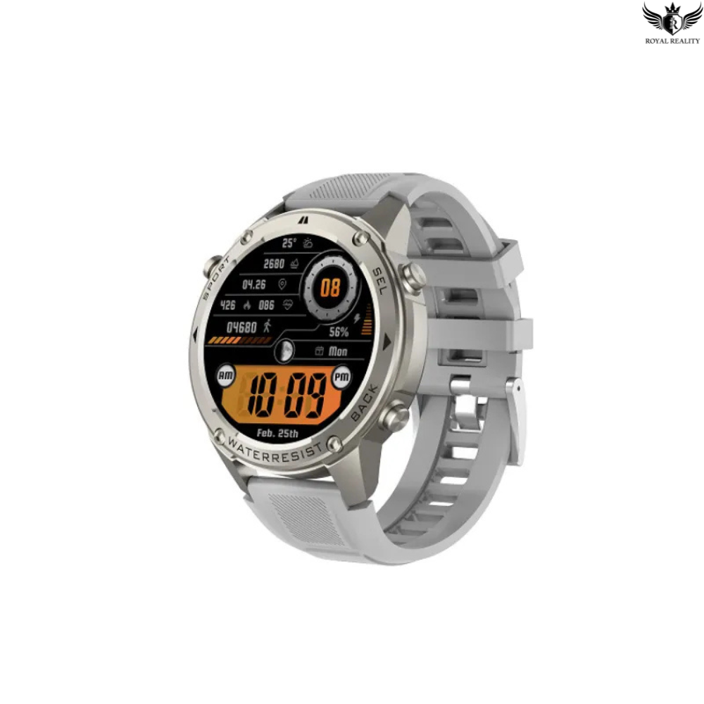 Silver smartwatch with digital display on a white background