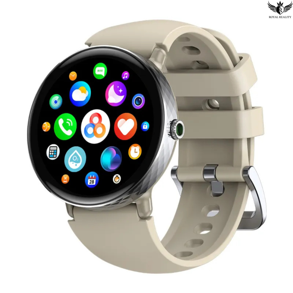 Smartwatch with a beige strap on a white background