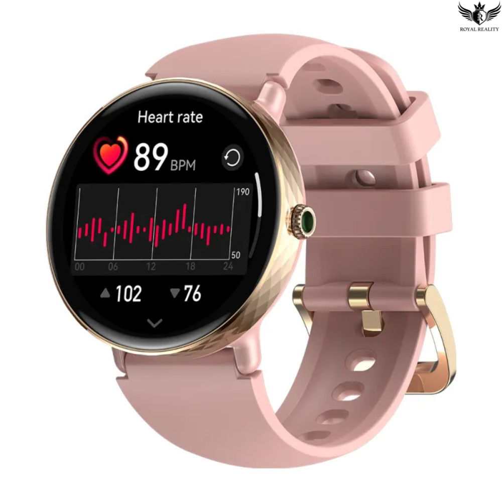 Smartwatch with pink band and heart rate display on a white background
