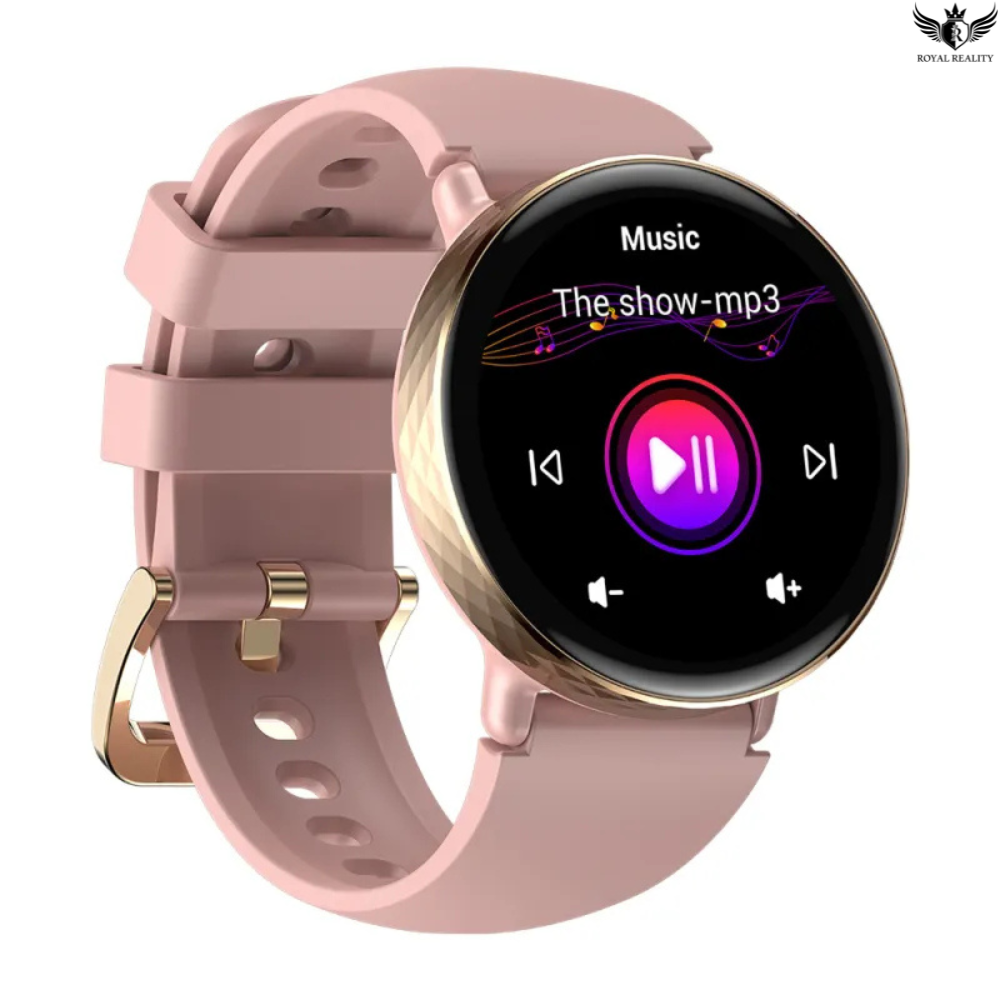Smartwatch with a pink band displaying music app on a white background