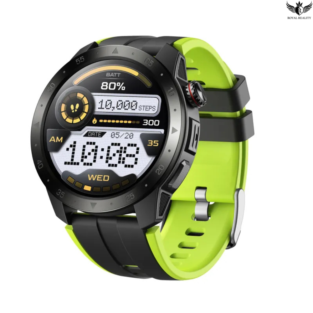 Smartwatch with a green and black strap on a white background