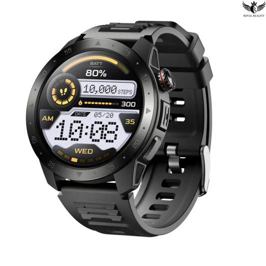 Black smartwatch with digital display on a white background