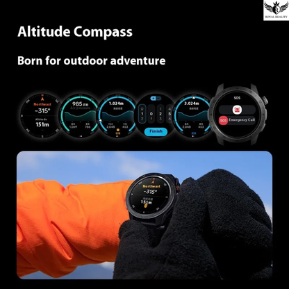Smartwatch with altitude compass features displayed on a black background