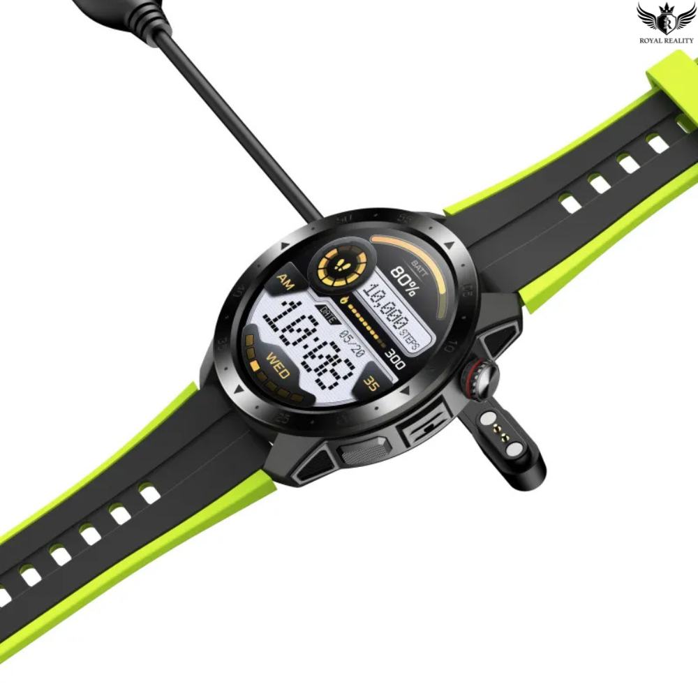 Digital smartwatch with a green and black strap on a white background