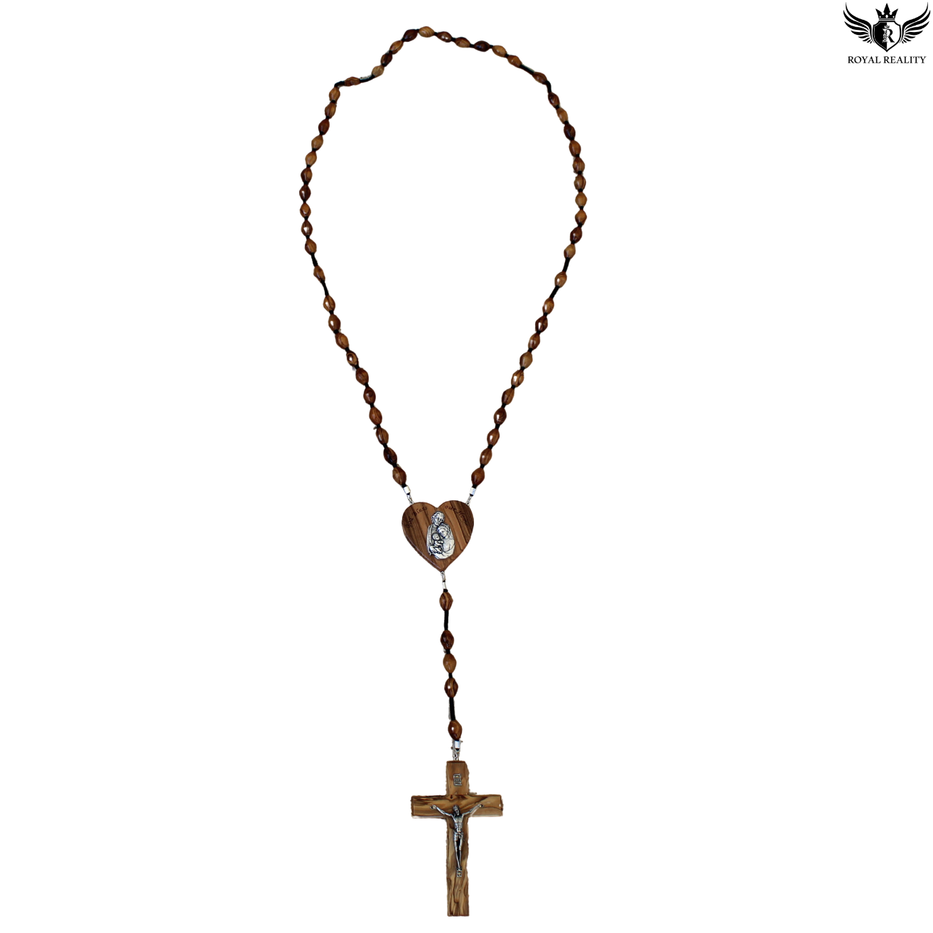 Wooden rosary necklace with heart and cross pendants on a white background