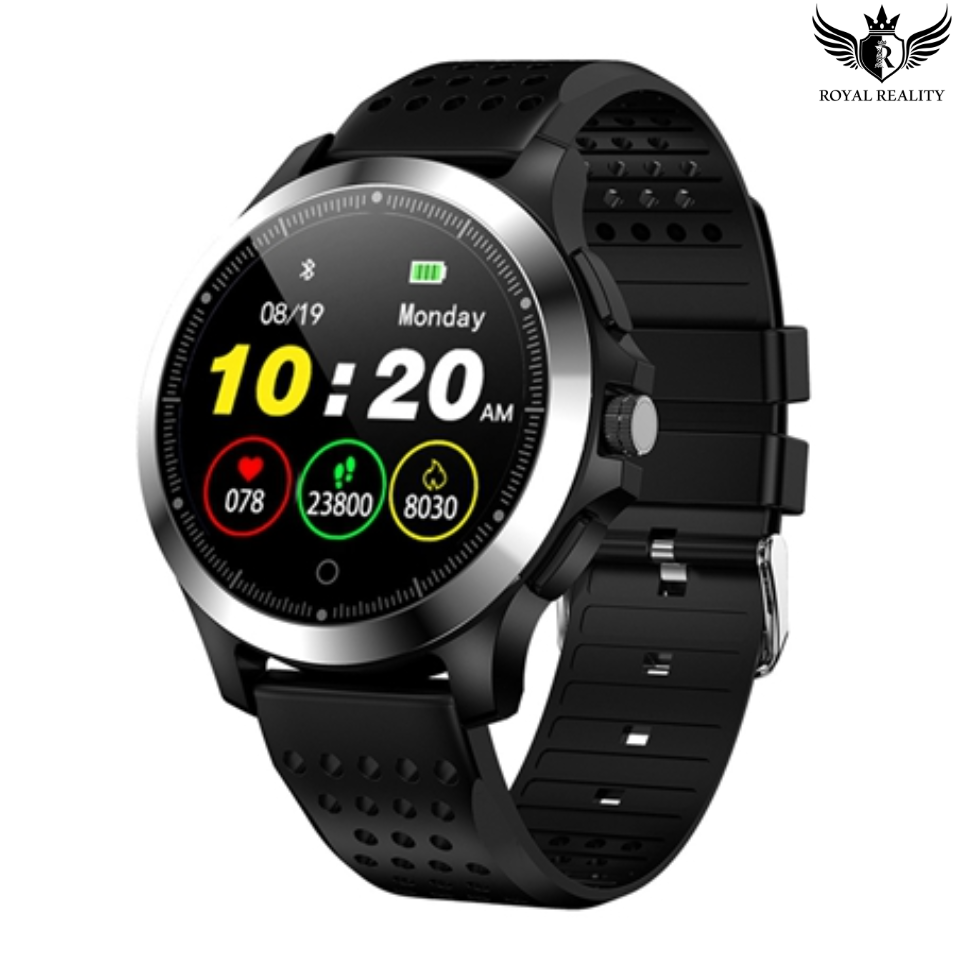 Smartwatch with black band showing steps, heart rate, and time
