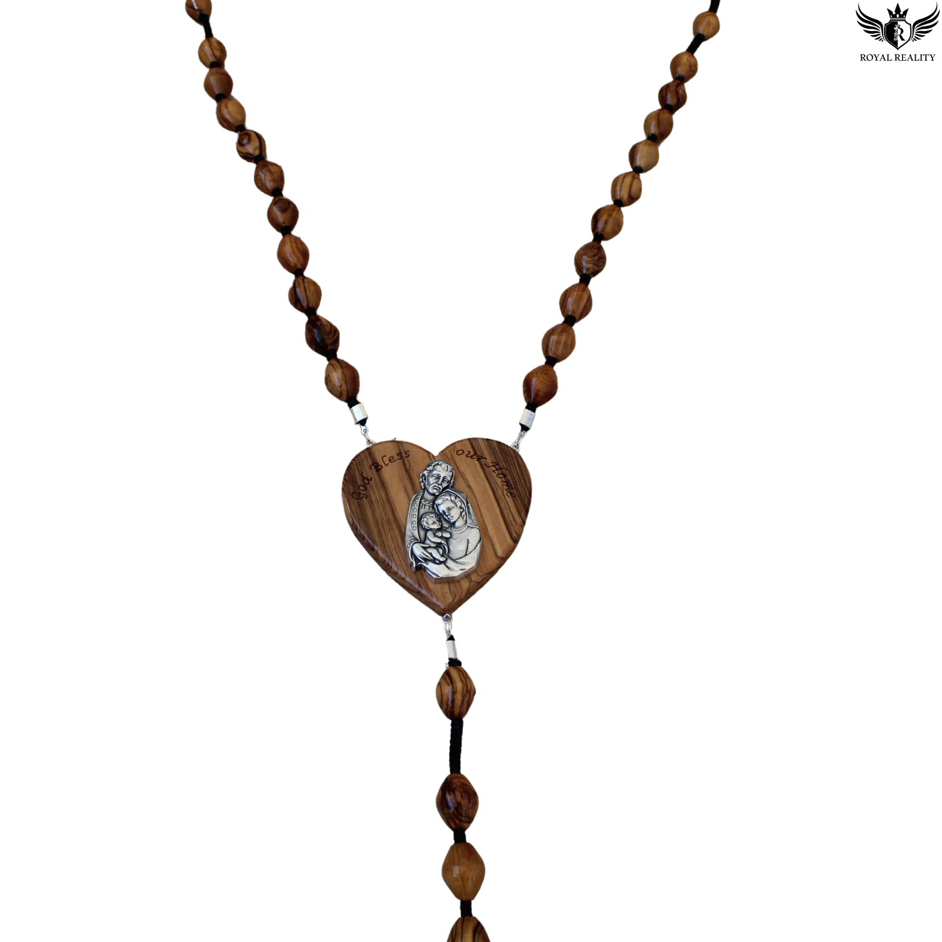 Wooden beaded necklace with a heart-shaped pendant featuring an engraved design on a white background.