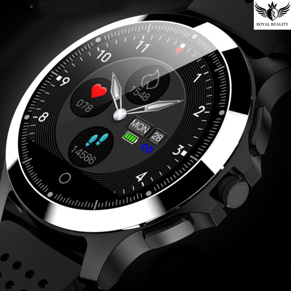 Close-up of smartwatch with ECG and heart rate tracking interface
