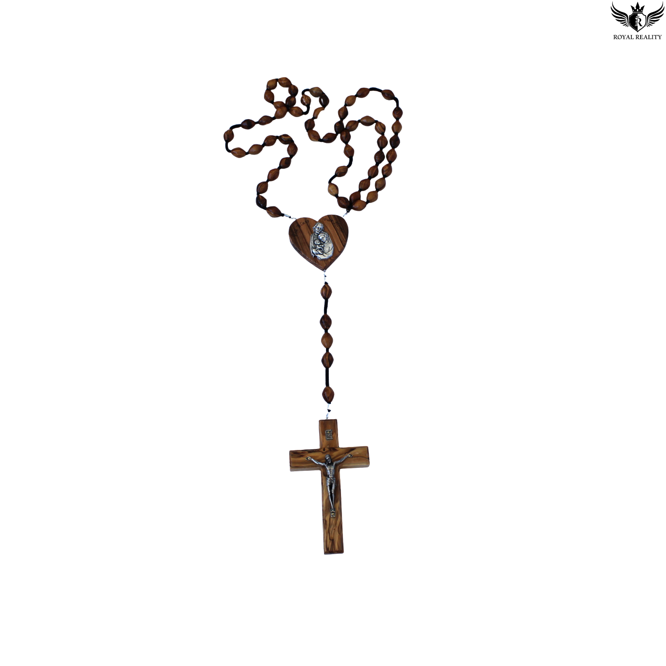 Wooden rosary with heart pendant and cross on a white background