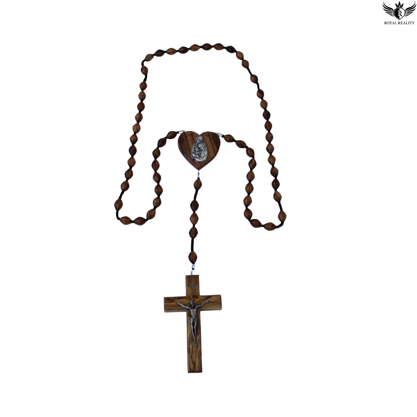 Wooden rosary with cross and heart-shaped center on a white background