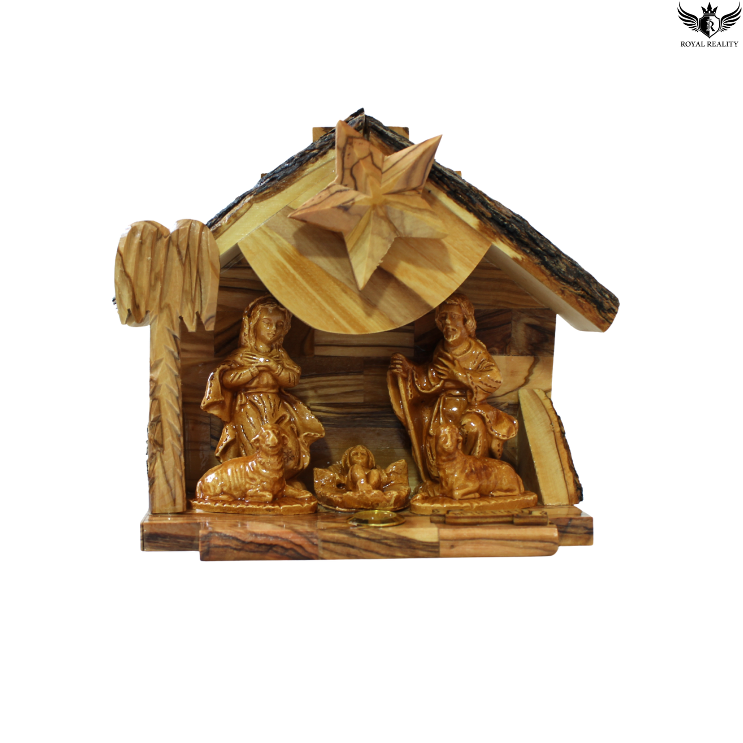 Wooden nativity scene with gold figures on a white background