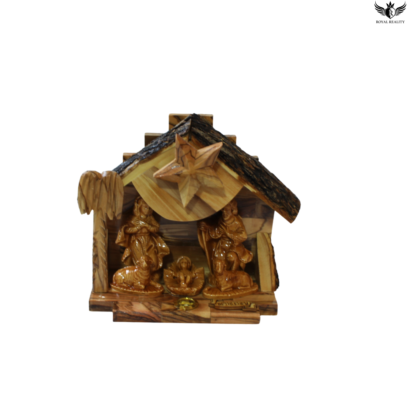 Wooden nativity scene with star on a white background
