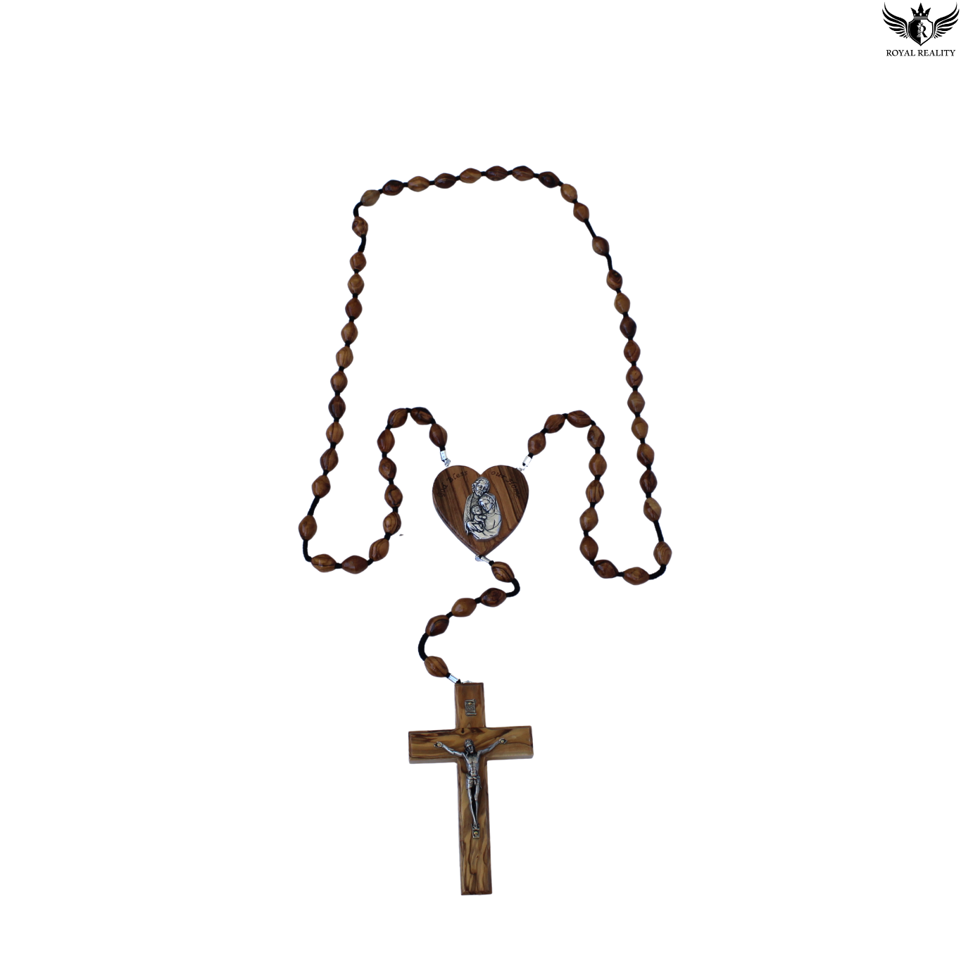 Wooden rosary with cross and heart-shaped medal on a white background