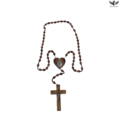 Wooden rosary with cross and heart-shaped medal on a white background