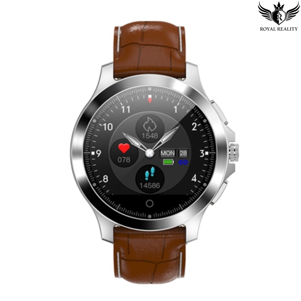 Stainless steel smartwatch with brown leather strap and round display
