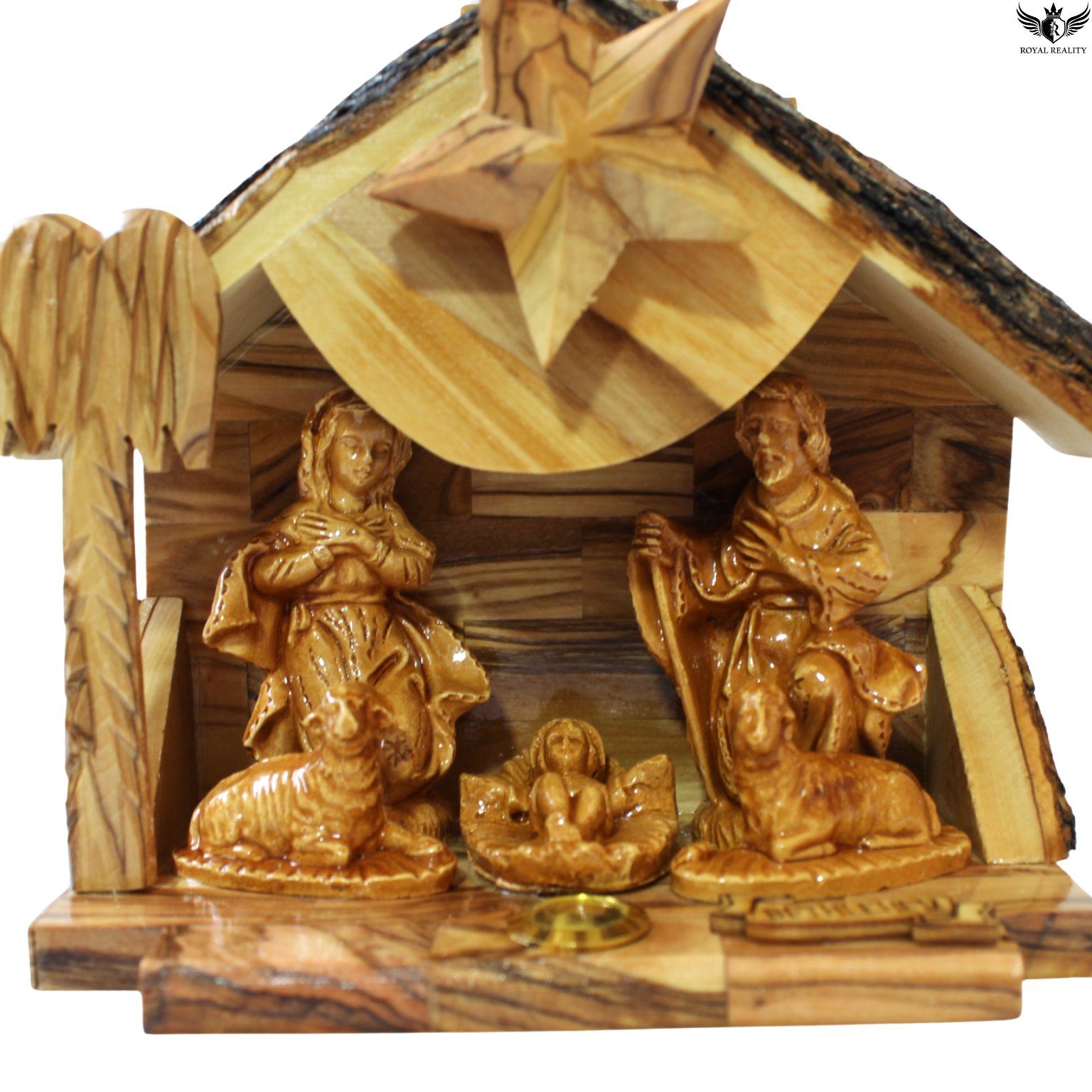 Wooden nativity scene with Mary, Joseph, and baby Jesus in a manger.
