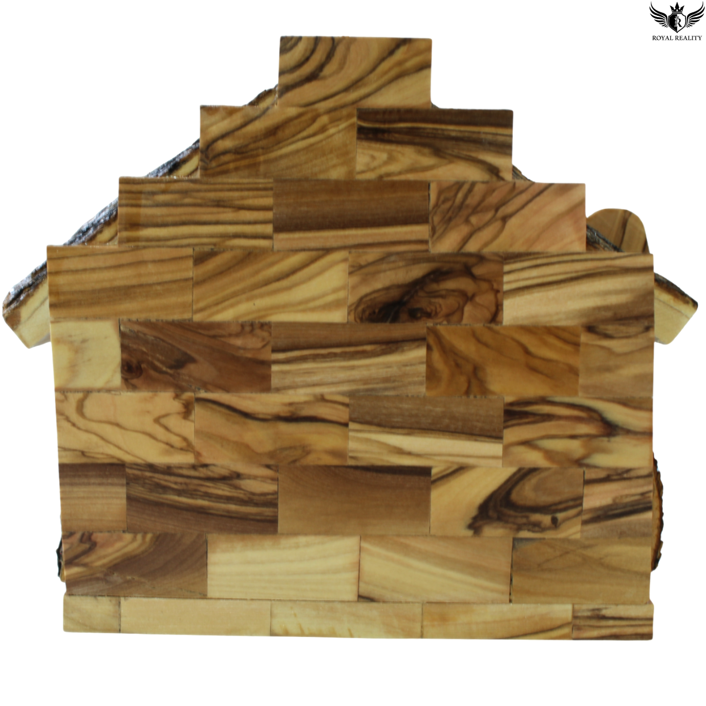 Wooden cutting board with a patchwork design on a white background