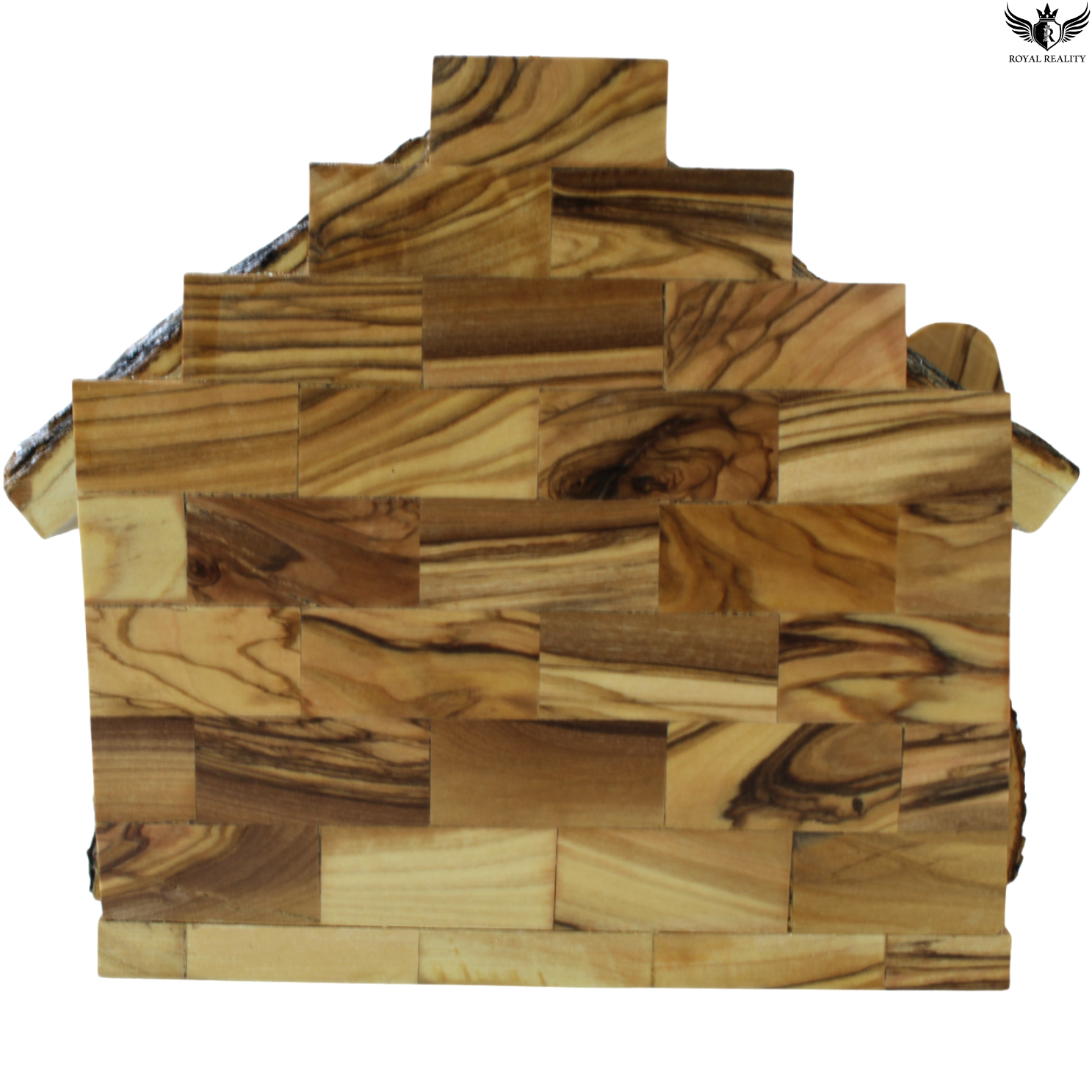 Wooden cutting board with a patchwork design on a white background
